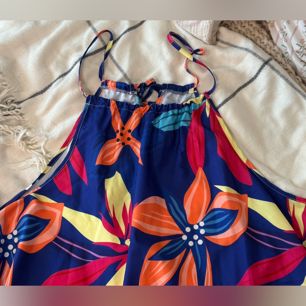 SHEIN Navy Halter Mini Dress with Orange, Pink & Yellow Floral Print - Picture 3 of 12